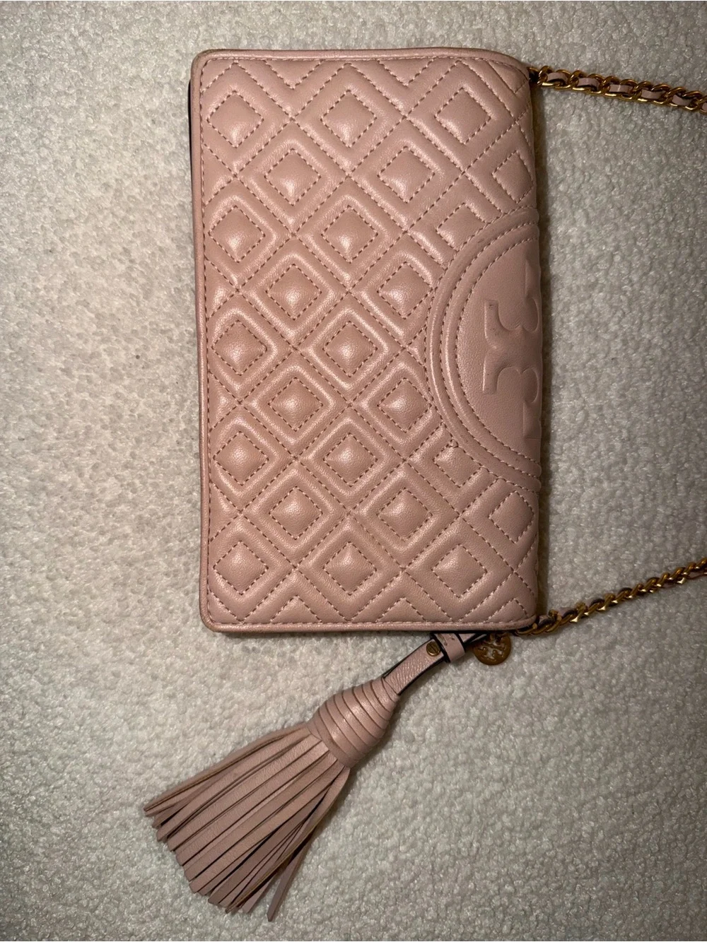 Tory Burch Quilted Crossbody in Dusty Rose with Gold Chain